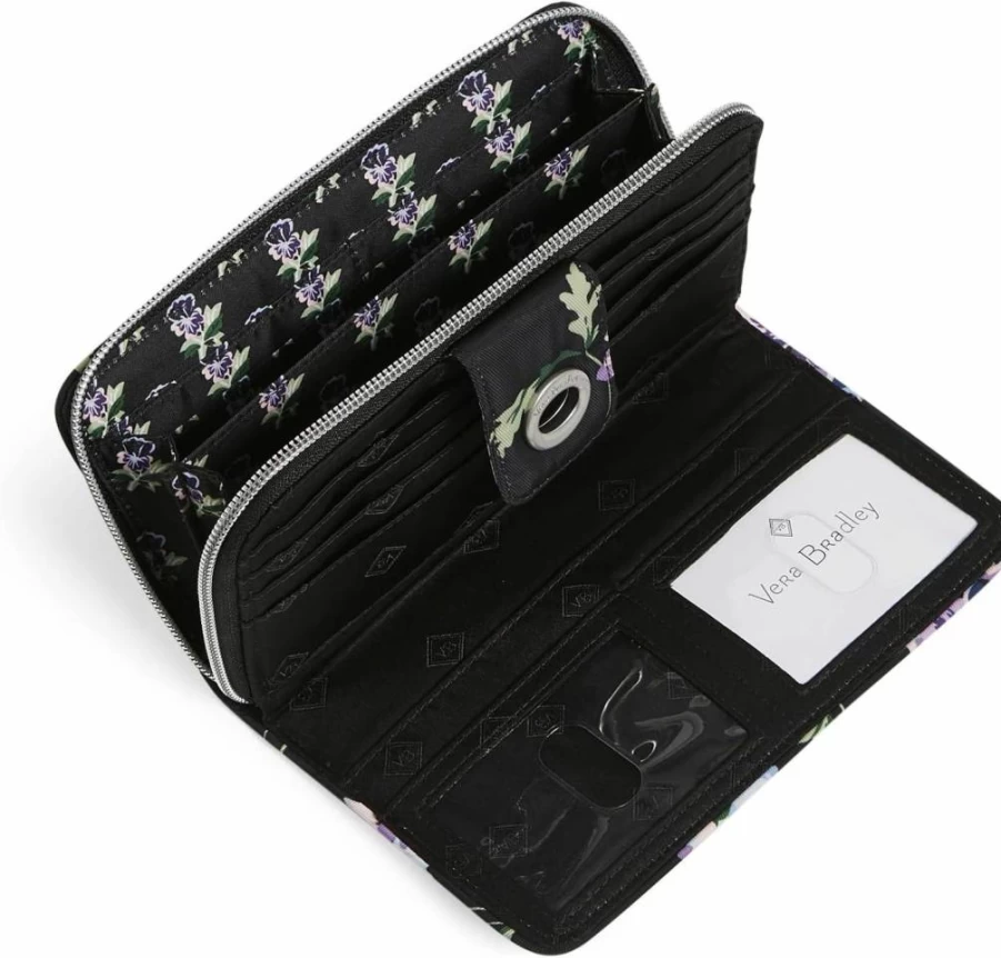 Vera Bradley RFID Blocking Women's Wallet - Navy Garden Turnlock Clutch with Performance Twill Fabric