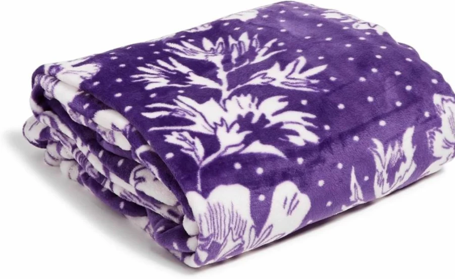 Vera Bradley Collegiate Plush XL Throw Blanket - Purple & White Rain Garden Design, Multiple Team Options