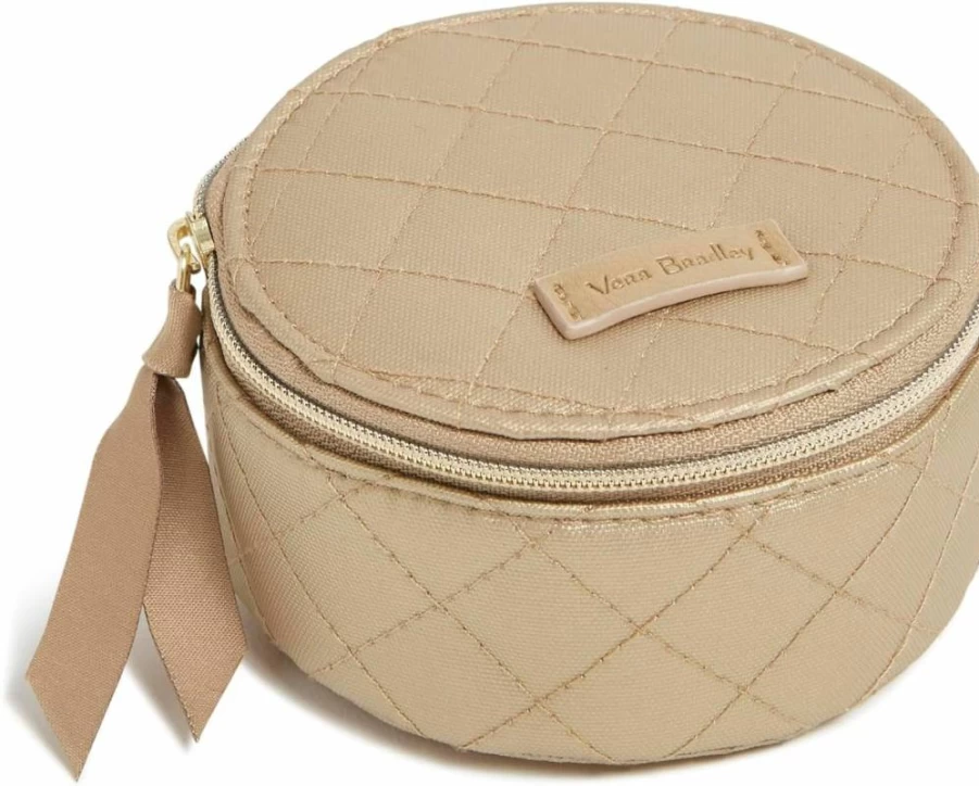Vera Bradley Women's Travel Jewelry Organizer Case - Round Keepsake Box, Champagne Gold Pearl, One Size