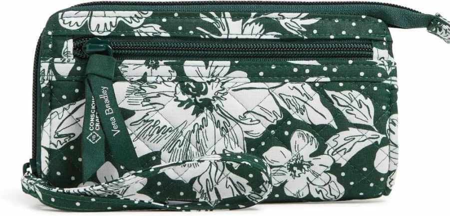 Vera Bradley RFID Blocking Wristlet - Collegiate Cotton Front Zip Pouch, Dark Green White Rain Garden Pattern, Multiple Team Designs