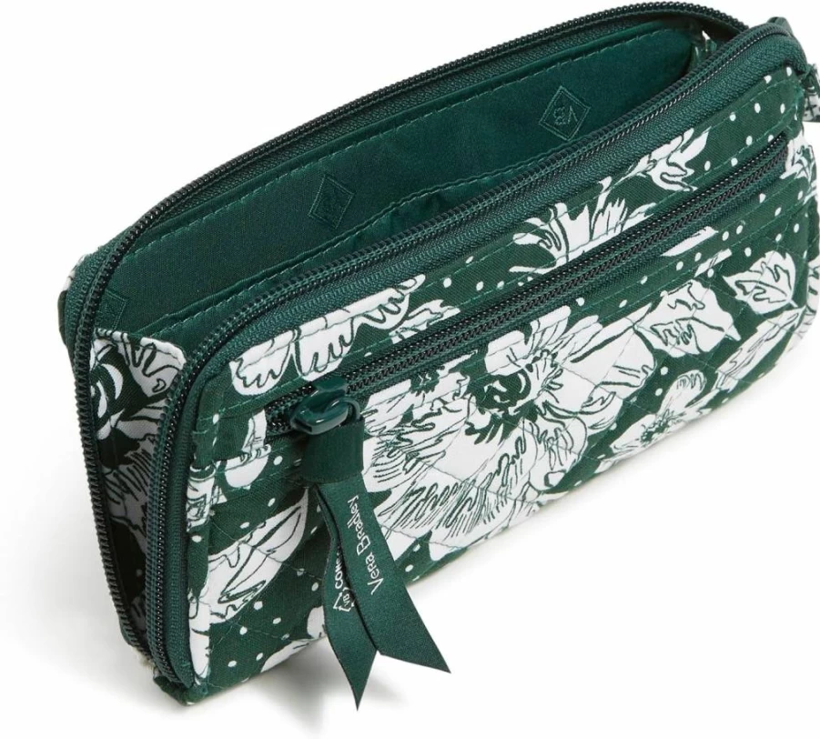 Vera Bradley RFID Blocking Wristlet - Collegiate Cotton Front Zip Pouch, Dark Green White Rain Garden Pattern, Multiple Team Designs