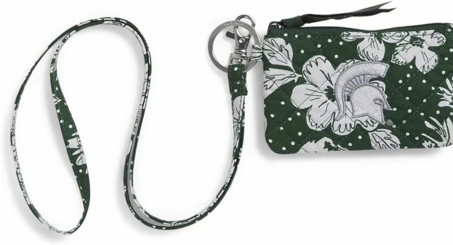 Vera Bradley Recycled Cotton Zip ID Case & Lanyard Combo - Michigan State University Dark Green/White Rain Garden, Collegiate Accessories for Women
