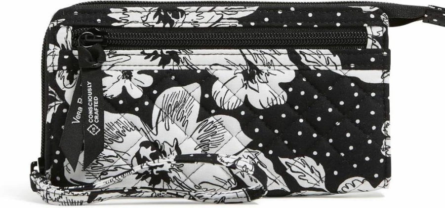 Vera Bradley RFID Blocking Collegiate Front Zip Wristlet - Black & White Rain Garden Pattern - Multiple Team Designs Available