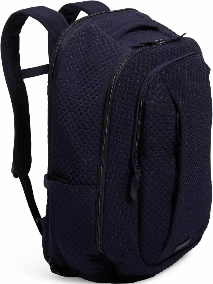 Vera Bradley Classic Navy Large Travel Backpack for Women - Lightweight Microfiber Carry-On Bag