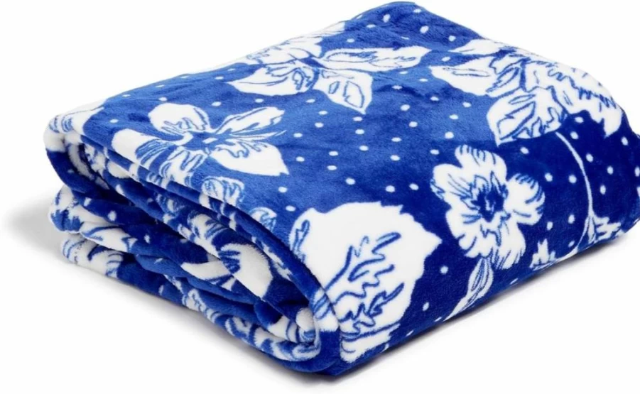 Vera Bradley Collegiate Plush XL Throw Blanket - Royal & White Rain Garden Design - Multiple Team Options Available
